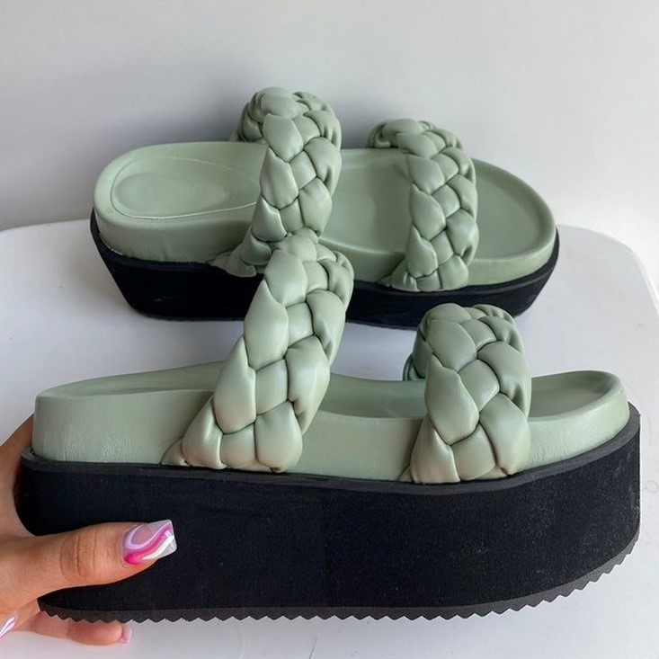 XY London Regina Woven Double Strap Flatform Slip on Sandals in Mint