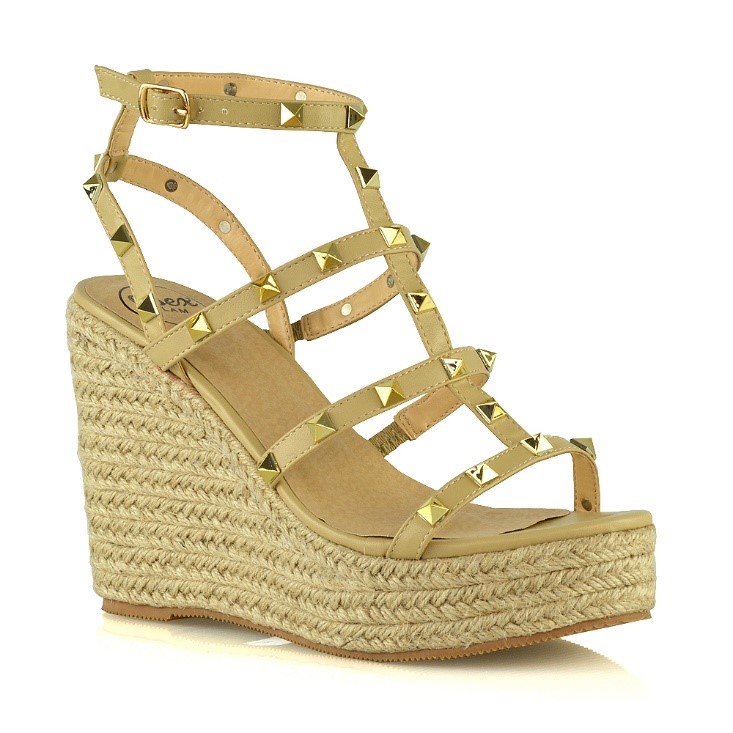 XY London Reign Studded Gladiator Style Strappy Platform Wedge Heel Sandals in Nude