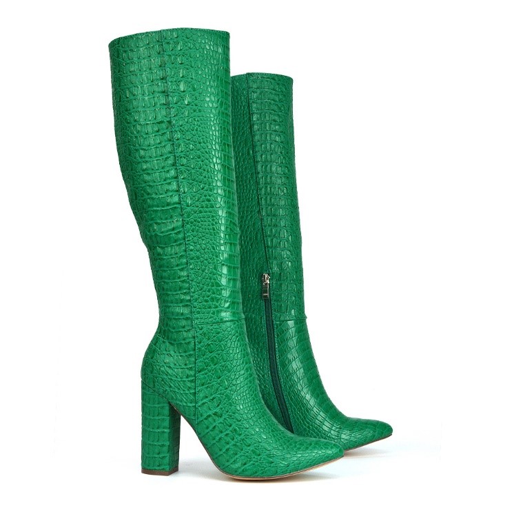 XY London Rhode Pointed Toe Long Party Block High Heel Knee High Boots In Green