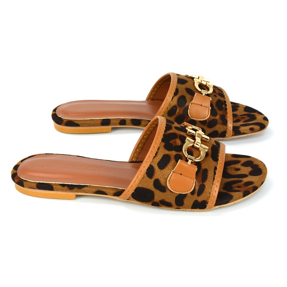 XY London Rome Chain Detail Front Strap Flat Slip on Summer Sandals in Leopard Print