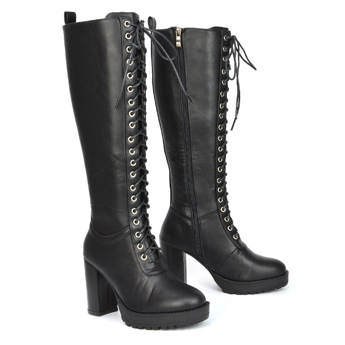 XY London Ruthie Knee High Block Heel Lace up Platform Boots in Black Synthetic Leather