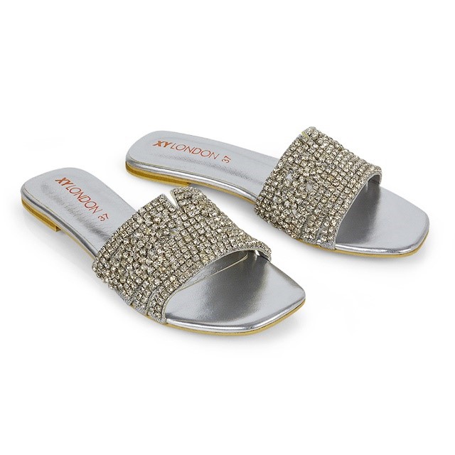 XY London Sam Flat Diamante Sandals in Silver