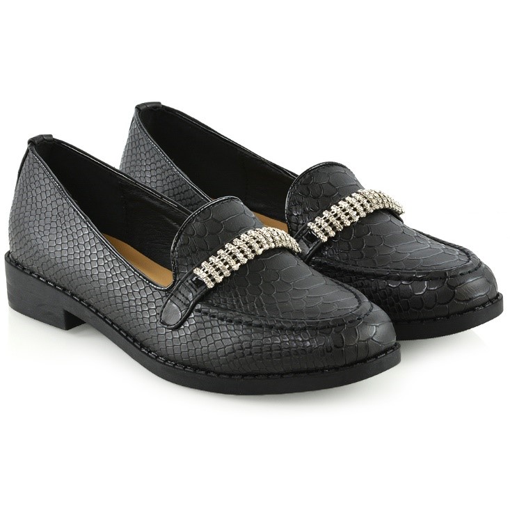 XY London Saskia Flat Diamante Detail Low Heel Loafer School Shoes in Black Croc