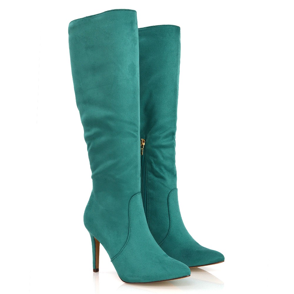 XY London Savvy Knee High Stiletto Heeled Boots in Pine Faux Suede