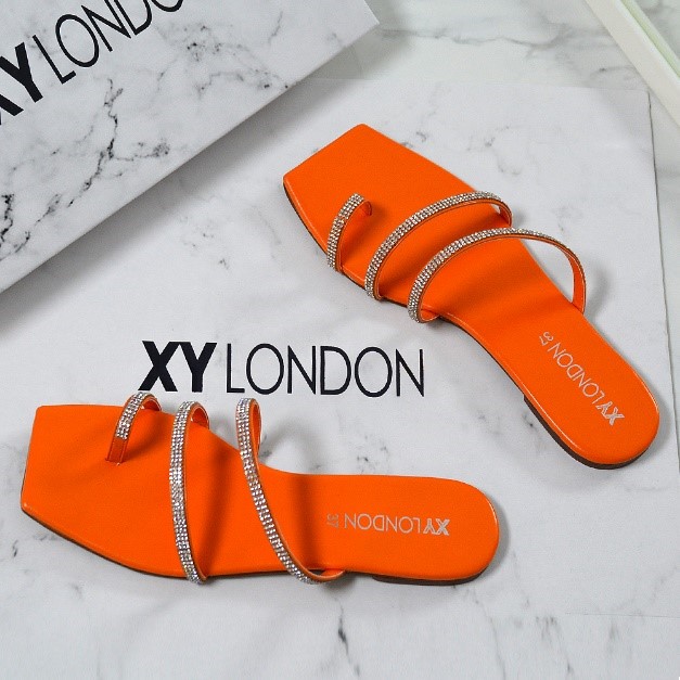 XY London Stormi Slip on Rhinestone Strappy Sandals in Orange