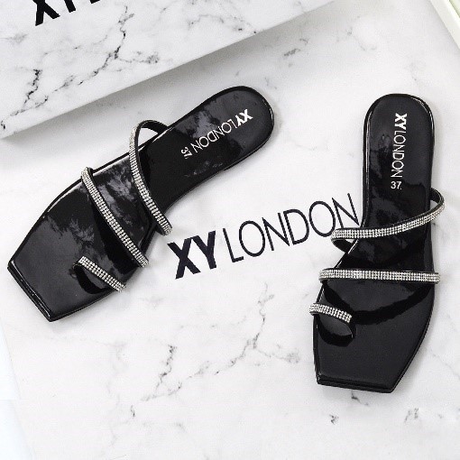 XY London Stormi Slip on Rhinestone Strappy Sandals in Black