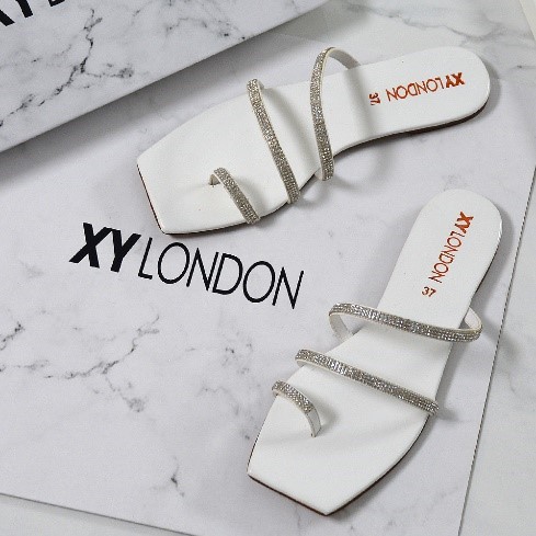 XY London Stormi Slip on Rhinestone Strappy Sandals in White