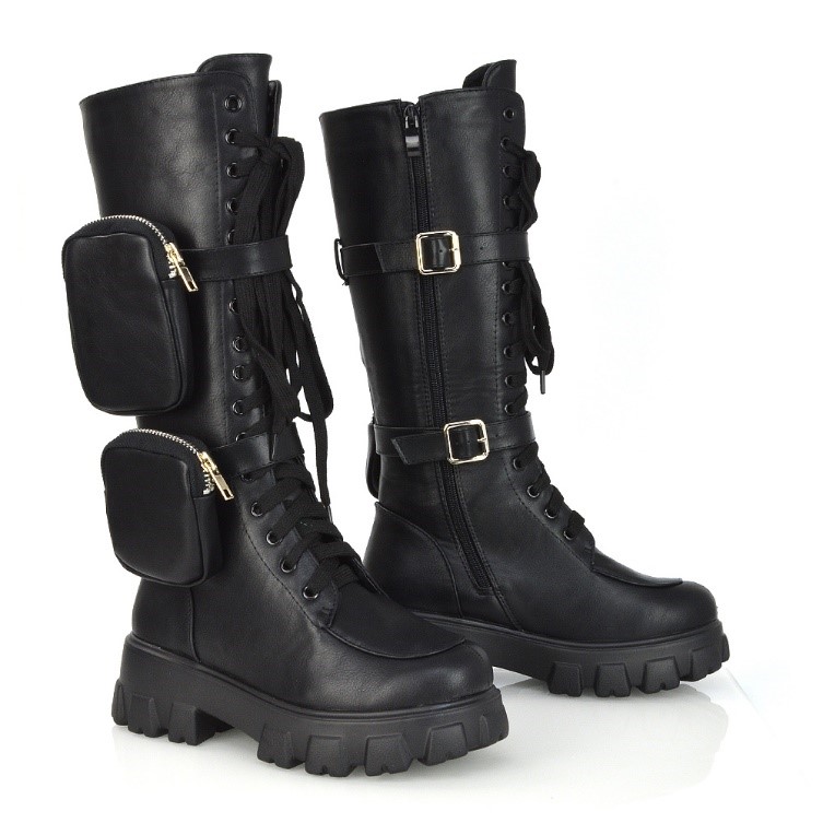 XY London Sydney Knee High Chunky Sole Biker Boots in Black Synthetic Leather