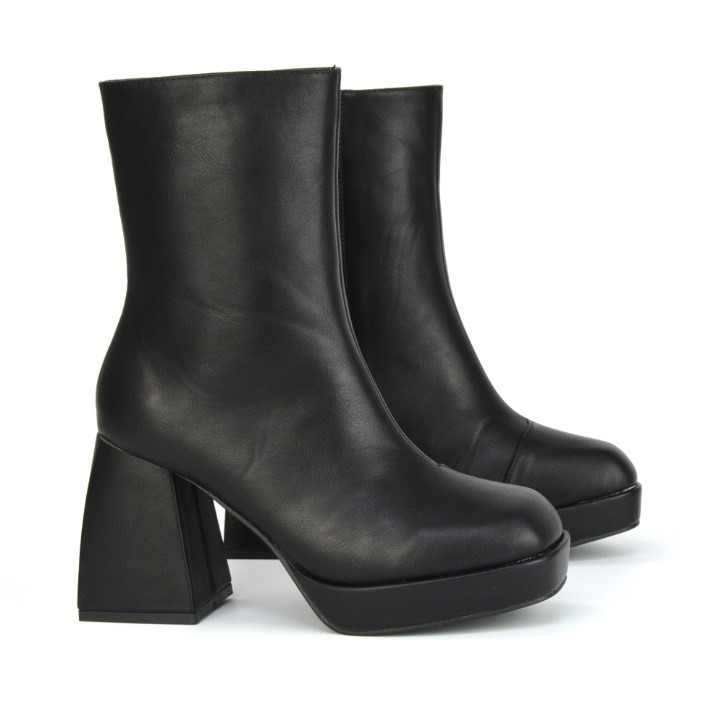 XY London Sylvie Chunky Heel Ankle Boots with Square Toe Platform Booties in Black Synthetic Leather