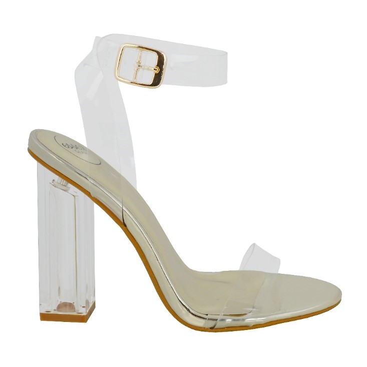 XY London Tiana Strappy Barely There Perspex Clear Block High Heels in Gold