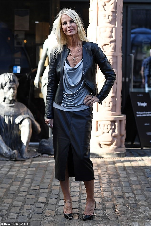 Ulrika Jonsson wearing ruched satin top, leather midi skirt, leather jacket and Pointed Heels