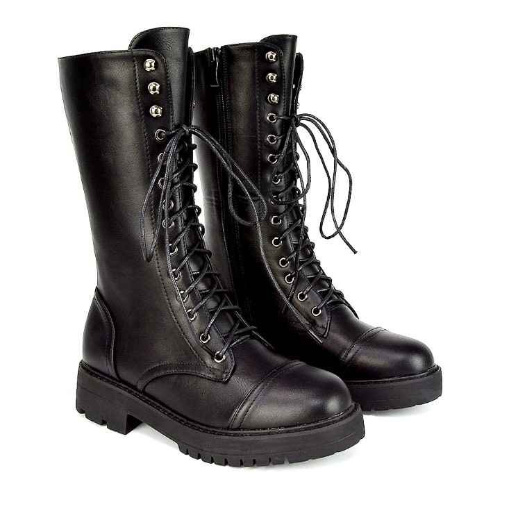 XY London Vera Mid-Calf Combat Military Biker Heeled Ankle Boots in Black Synthetic Leather