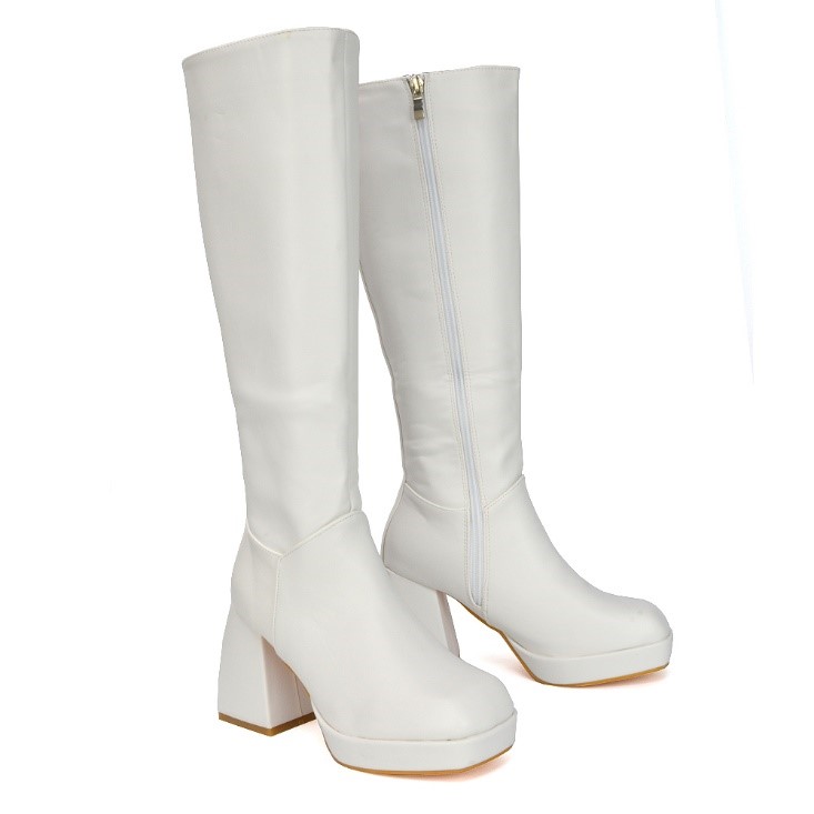 XY London Wren Knee High Bots with Platform Chunky Block Heel in White Synthetic Leather